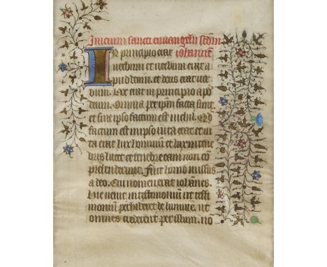 Illuminated manuscript page, ca. 1500. Black and red ink on vellum from a book of hours. With fifteen lines of text. The rect