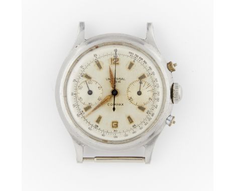 Universal Geneve, Switzerland. One manual wind chronograph in a stainless steel case with a cream dial marked Universal Genev