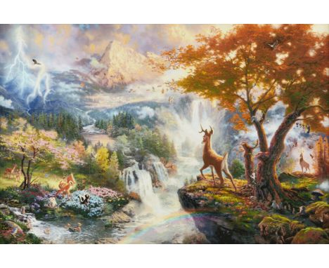 Thomas Kinkade (American, 1958-2012). Giclee print with hand-painted embellishments titled "Bambi's First Year," depicting th