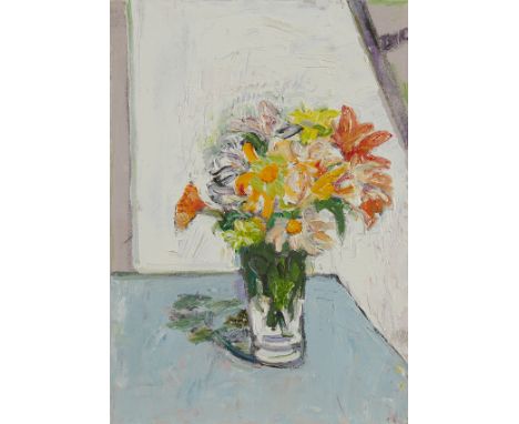 Bernard Chaet (American, 1924-2012). Oil on canvas titled "Flowers at White Window" depicting a still life of lovely flowers 
