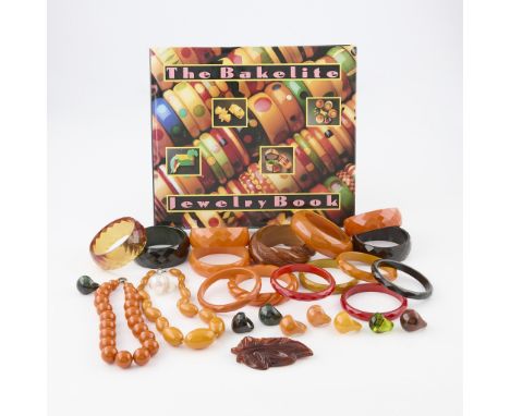 Group of Bakelite objects including 15 Bakelite bracelets or bangles of butterscotch, black, burnt orange, brown, or red colo