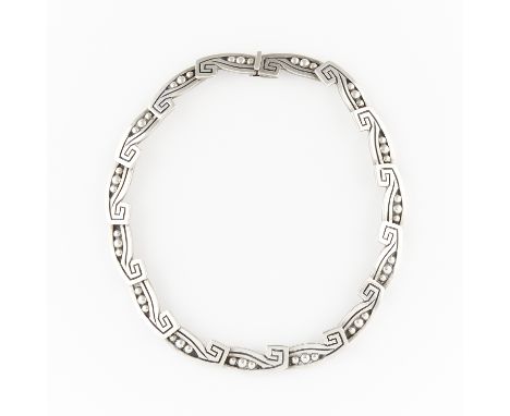 Los Castillo, Taxco Mexican sterling silver necklace comprised of 15 hinged placards of swirling design, each set with three 