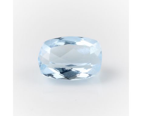 One 0.85 carat cushion cut aquamarine.Length: 6.75 mm x width: 4.85 mm x depth: 3.69 mm. Gross weight: 0.85 ct.Condition: Ver