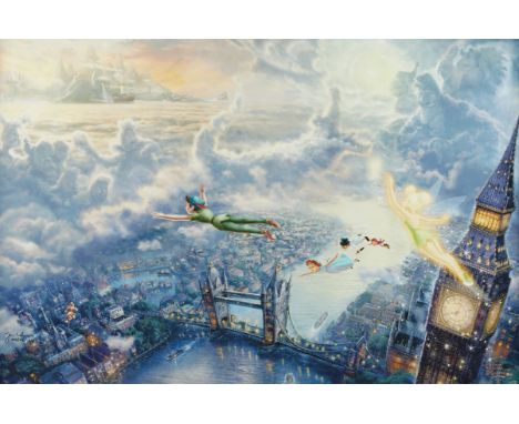 Thomas Kinkade (American, 1958-2012). Giclee print with hand-painted embellishments titled "Tinker Bell and Peter Pan Fly to 