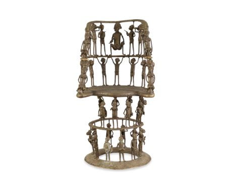 20th century Benin bronze figural chair. The base of the chair with two tiers of standing figures. The back of the chair with