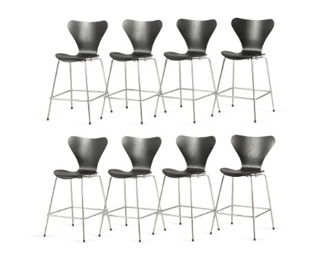 Arne Jacobsen (Danish, 1902-1971) for Fritz Hansen, Denmark. Set of eight mid-century modern Fritz Hansen Series 7 bar height