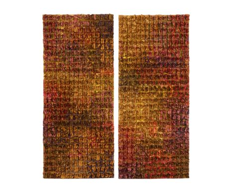 Timothy Harding (American, b. 1983). Pair of rouched silk wall hangings in lovely autumn tones of red, orange, and brown. Sig