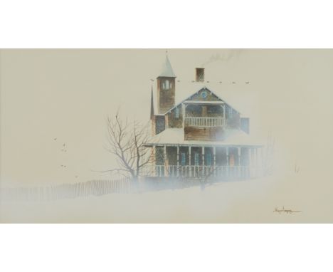 Wayne Cooper (American, b. 1942). Watercolor painting on paper titled "Victorian House Snow Scene" depicting a landscape with