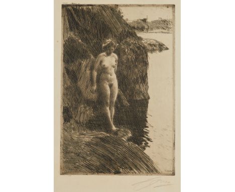 Anders Zorn (Swedish, 1860-1920). Etching on paper titled "Precipice," alternatively titled "Braddjup," depicting a nude woma