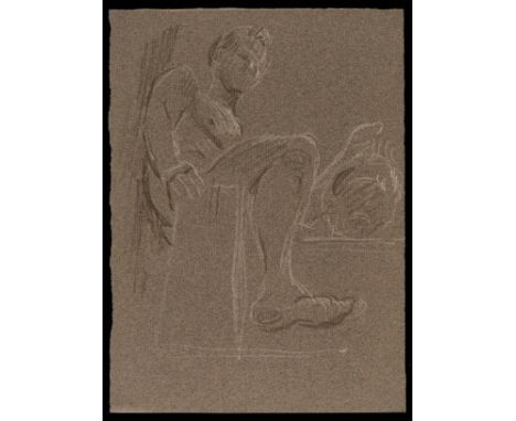 Paul Cadmus (American, 1904-1999). Crayon on brown paper drawing depicting a nude David sitting with the head of Goliath.Prov