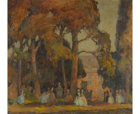 Frank Harmon Myers (American, 1899-1956). Oil on canvas laid board titled "Gardens of Fontainebleau" depicting an impressioni