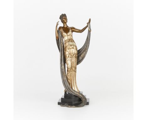 Erte (Romain de Tirtoff) (French, 1892-1990). Bronze sculpture titled "Coquette" depicting a woman elegantly dressed in a gol