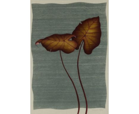 Deborah Falls (American, 20th/21st c). Silk dyes on Indian Dipion silk titled "Black Elephant Ears" depicting two purple-blac