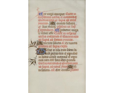 Illuminated manuscript page with text in blue and black ink. With pen-flourish initials throughout. One historiated initial w