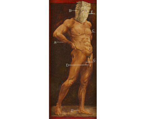 Jack Barkla (American, 20th/21st c). Oil on canvas laid board titled "A to G" depicting a nude male figure with a paper bag o