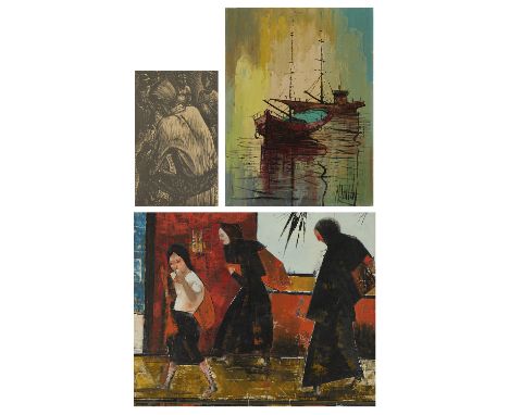 Group of three artworks including two decorative paintings and one woodcut:One acrylic on canvas painting depicting ships sai