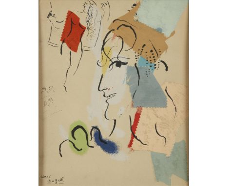 Marc Chagall (Russian/French, 1887-1985). Color lithograph titled "The Flight" depicting a profile portrait with a nude woman