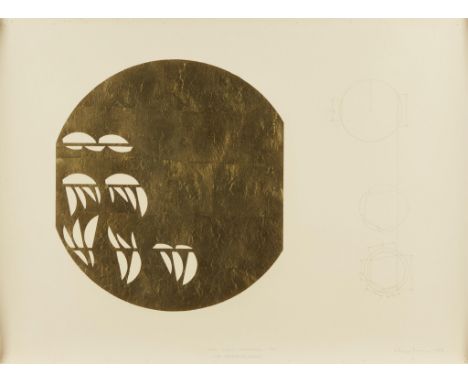 Philip Larson (American, 1944-2019). 24kt gold leaf and lithograph on gessoed paper titled "The Eighth Template (The Watering