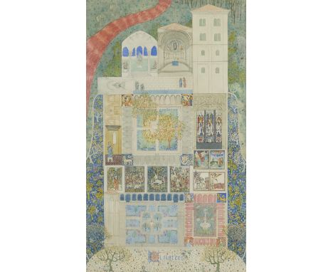 Claire Anne Khalil (American, b. 1944). Watercolor on paper painting titled "Cloisters" depicting a plan of a cloister with d