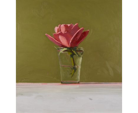 David Dornan (American, b. 1954). Oil on canvas painting titled "Scent XV" depicting a still life of a blooming rose in a cle
