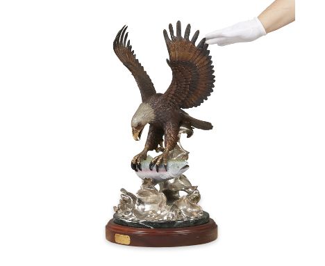 Barry Stein (American, 20th/21st c). Cast bronze sculpture titled "Morning Catch" in the form of a bald eagle swooping to cat