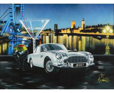 Michael Godard (American, 20th/21st c). Giclee on canvas with hand embellishment titled "Bond 007" depicting animated olives 