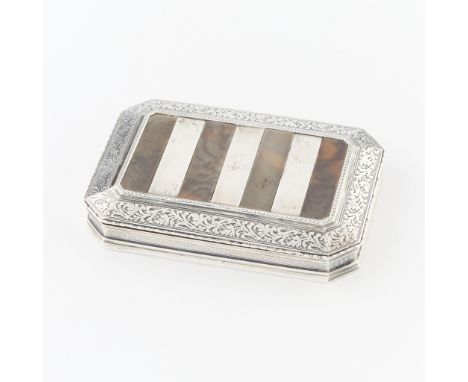 Austrian sterling silver and inlaid shell box of rectangular form with clipper corners and ornamental engraving. The top of t