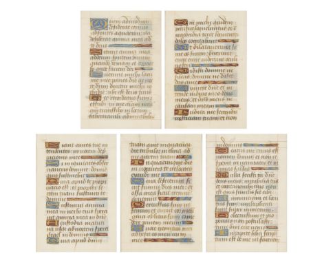 Group of five 15th century French illuminated manuscript pages. The text in black ink on parchment. With gold leaf initials o