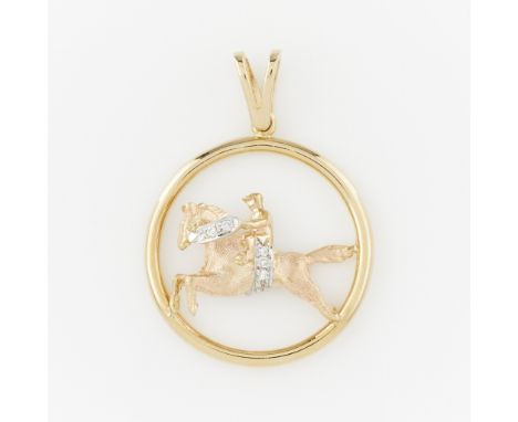 14k yellow and rose gold pendant depicting a horse and jockey within a gold circle, set on a rabbit ear bale. The horse and j