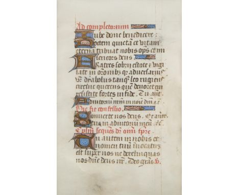 Illuminated manuscript page. Ink on vellum. With large pen flourish initials in gold leaf with blue and red geometric and swi