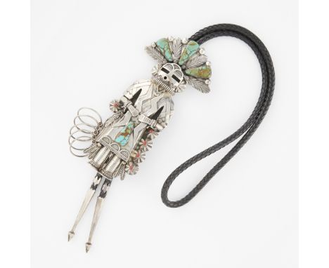 Large sterling silver bolo tie with hoop dancer katchina form clasp. The katchina well rendered with fine details set with fo
