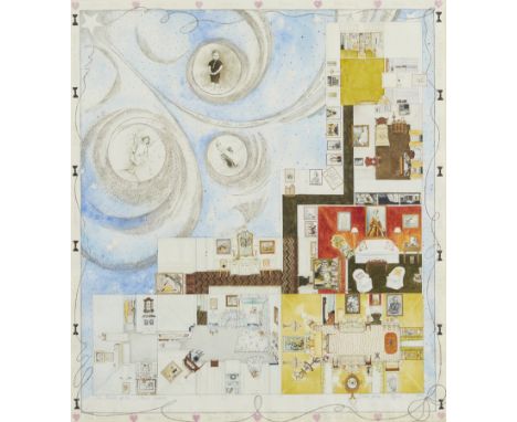 Claire Anne Khalil (American, b. 1944). Watercolor on paper painting titled "The House of the Three Gabels" depicting a flatt