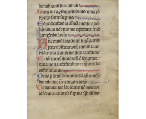 French 13th century illuminated psalter leaf from the Rheims Cathedral or Signy Abbey. Blue, red, and black ink on vellum. Wi