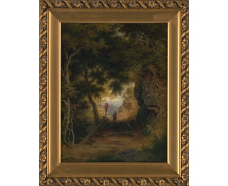 Heilmayer, Karl -- Jäger mit Hund auf einer Brücke mit Wegkreuz in bewaldeter Berglandschaft.Öl auf Platte. 32,5 x 26,9 cm. S