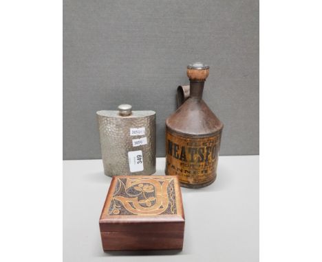 3 ITEMS SUCH AS A VINTAGE NEATSFOOT OIL CAN CARVED TRINKET BOX AND PEWTER FLASK