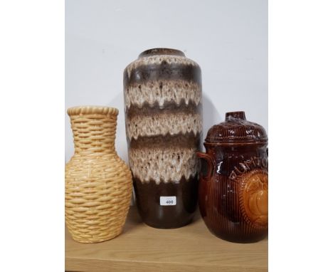 LARGE WEST GERMAN FLOOR VASE / STICK STAND TOGETHER WITH 1 SMALLER WEST GERMAN VASE AND RUMTOPF LIDDED BARREL