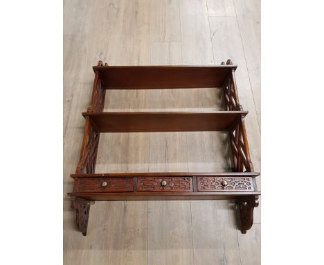 MAHOGANY EASTERN STYLE HANGING WALL SHELF WITH 3 DRAWERS AND BRASS HANDLES