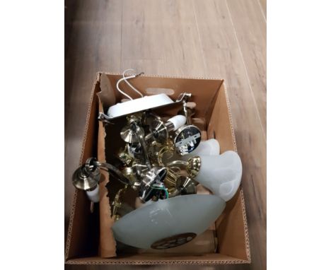 A BOX CONTAINING ASSORTED LIGHT FITTINGS ONE WITH CLOUDED GLASS SHADES