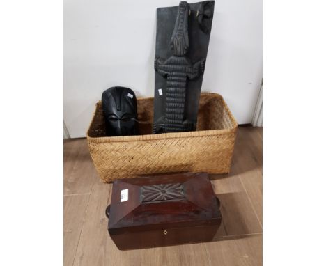 BASKET WITH AFRICAN CARVINGS AND TEA CADDY
