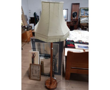 TEAK PEDESTAL STANDARD LAMP WITH FRINGED SHADE