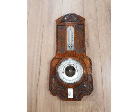 ARTS AND CRAFTS CARVED OAK BAROMETER/THERMOMETER