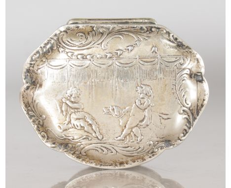 A CONTINENTAL SILVER SHAPED SNUFF BOX, with repousse decoration of cupids. 2.5ins long.