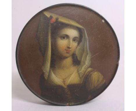 A 19TH CENTURY CIRCULAR PAPIER MACHE BOX AND COVER, the lid painted with a portrait after TINTORETTO. 9.5cms diameter.