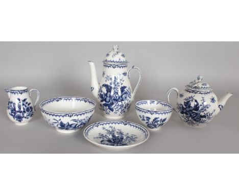 A WORCESTER BLUE AND WHITE TEA SERVICE, comprising teapot, hot water jug, bowl, milk jug, six tea bowls and saucers.