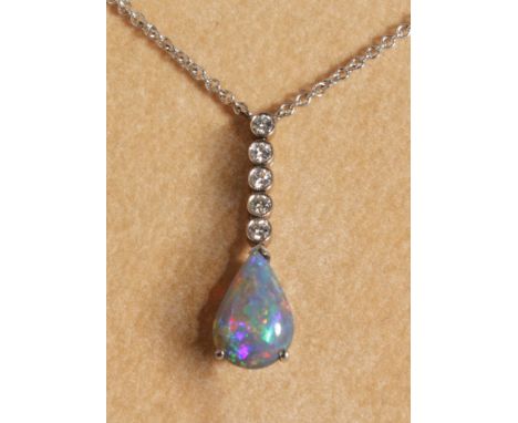A SUPERB 18CT WHITE GOLD OPAL AND DIAMOND SET DROP PENDANT on chain.