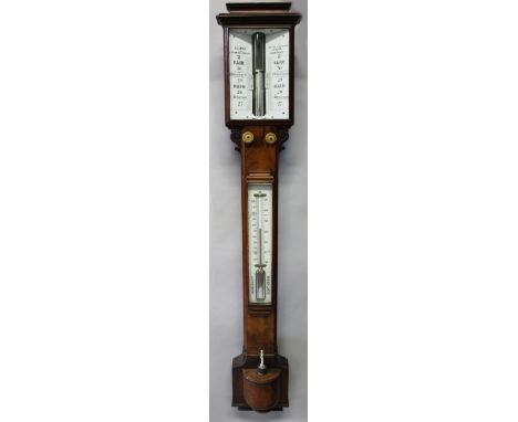 A VERY GOOD VICTORIAN WALNUT CASED STICK BAROMETER by CLERKE I. ROYAL EXCHANGE, LONDON. 38ins high, 7ins wide.