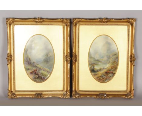 A SUPERB PAIR OF ROYAL WORCESTER OVAL UPRIGHT PORCELAIN PLAQUES, painted with highland cattle in a landscape by James Stinton