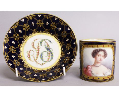 A GOOD 18TH CENTURY SEVRES CUP AND SAUCER with rich blue ground, the cup painted with a portrait of Melle de Fontange, the sa