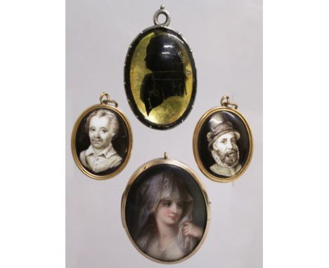 A PAIR OF ENAMEL OVAL PORTRAITS, A 14CT GOLD BROOCH, PORTRAIT OF A YOUNG GIRL and a SILVER PORTRAIT OF GEORGE III (4).