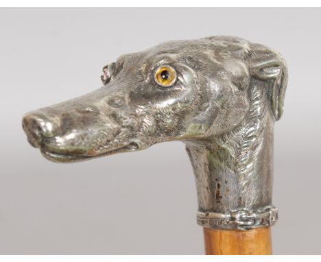 A SUPERB SILVER HANDLED "GREYHOUND" WALKING STICK. 36ins long.